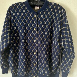 Vintage Women's Navy and Gold Cardigan, Diamond Pattern, Size Petite XL